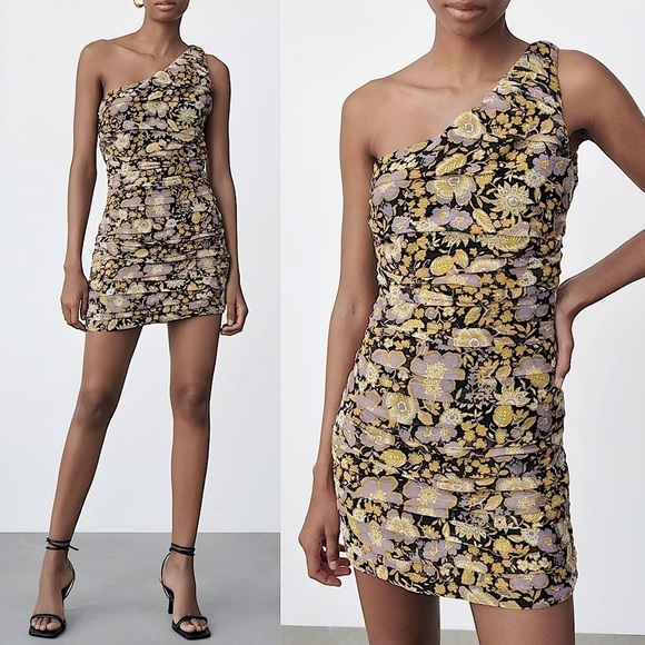 Zara Floral Print One Shoulder Mini Dress - Picture 1 of 12